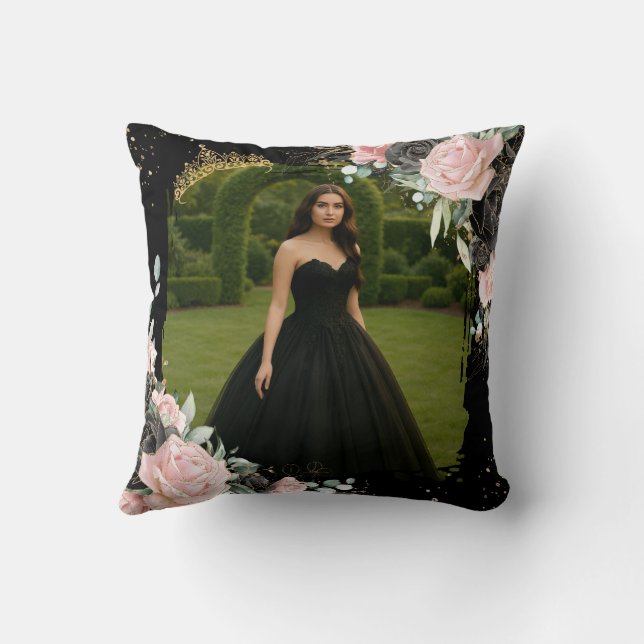 Coussin Quinceanera Black and Blush Pink Floral Photo (Verso)