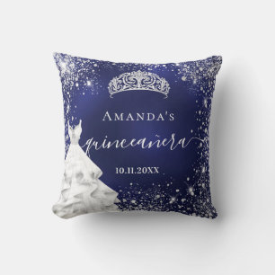 Coussin Quinceanera bleu argent parties scintillant nom ro