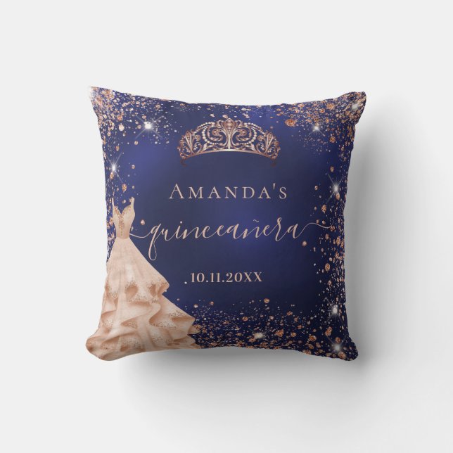 Coussin Quinceanera bleu rose or tiara nom robe (Recto)
