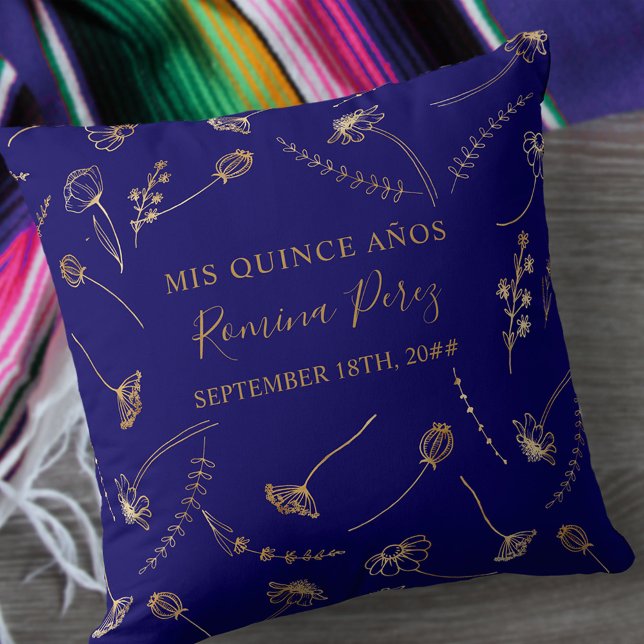 Coussin Quinceanera Blue Gold Fleur sauvage Mis Quince Ano (Créateur téléchargé)