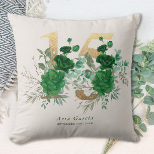 Coussin Quinceanera Émeraude Fleurie Or Numéro 15