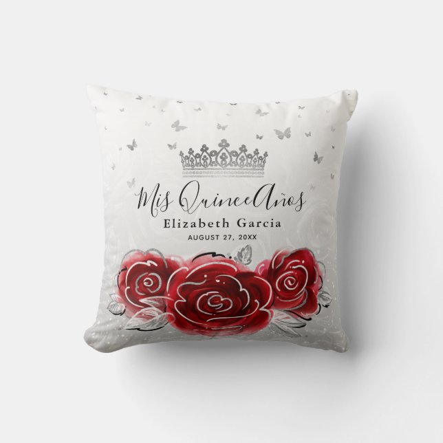 Coussin Quinceanera en argent et rose rouge Mis Quince Ano (Recto)
