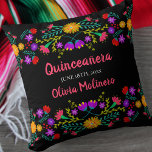 Coussin Quinceanera Fleurs de Fiesta Mexicaine Noir<br><div class="desc">Quinceañera coussin aux fleurs de fêtes mexicaines - ou n'hésitez pas à customiser comme un beau cadeau de souvenir pour célébrer n'importe quelle occasion. Ce coussin coloré et vibrant de Quinceanera présente des fleurs d'art populaire mexicaines en rose violet jaune rouge bleu et vert. Le modèle est mis en place...</div>