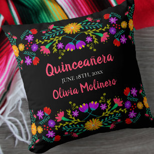 Coussin Quinceanera Fleurs de Fiesta Mexicaine Noir