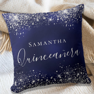 Coussin Quinceanera navy blue silver glitter dust name