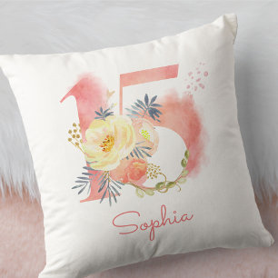 Coussin Quinceanera Numéro 15 Fleurs de Brouillard Aquarel