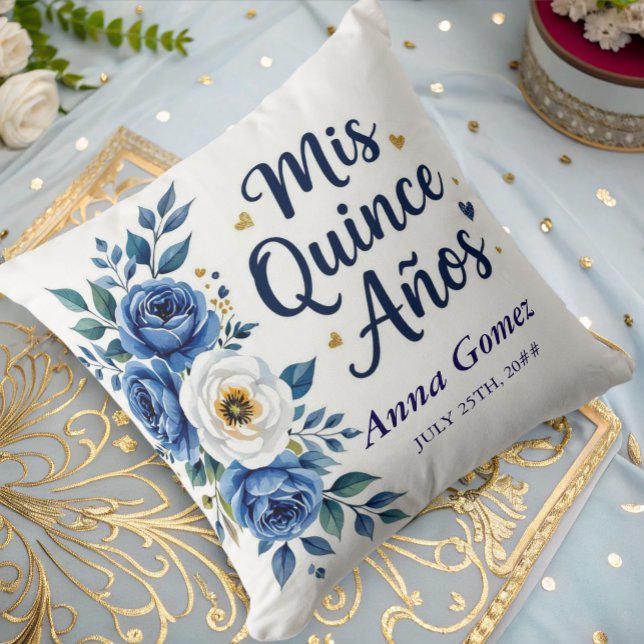 Coussin Quinceanera Rose bleu Personnalisé Mis Quince Anos (Créateur téléchargé)