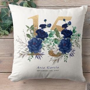 Coussin Quinceanera Rose Bleue Florale Nombre 15 en Or