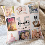 Coussin Quinceanera rose or personnalisé photo collage<br><div class="desc">Un cadeau unique pour une fille Quinceañera, 15ème anniversaire, célébrant sa vie avec un collage de 8 de vos propres photos, photos. Personnalisez et ajoutez son nom, 15 ans et une date. Un arrière - plan en or rose. Le nom est écrit avec un script de style moderne écrit à...</div>