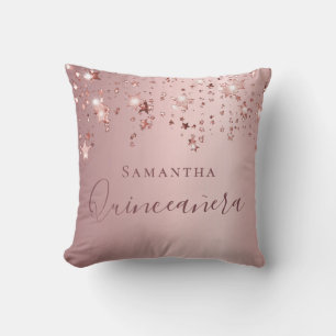 Coussin Quinceanera rose pâle nom monogramme scintillant