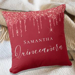 Coussin Quinceanera rouge parties scintillant nom gouttes