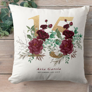 Coussin Quinceanera Rouge Rose Floral Or Numéro 15