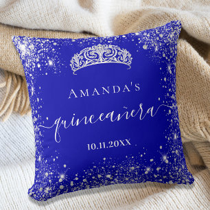 Coussin Quinceanera royal bleu argent parties scintillant