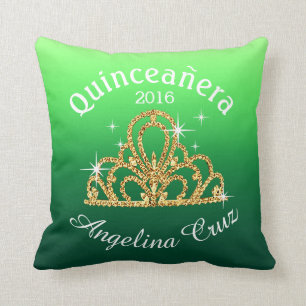 Coussin Quinceanera Tiara Bokeh Bling  vert foncé