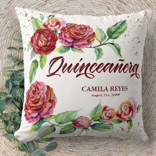 Coussin Quinceanera Vintage Roses Rouges Personnalisées