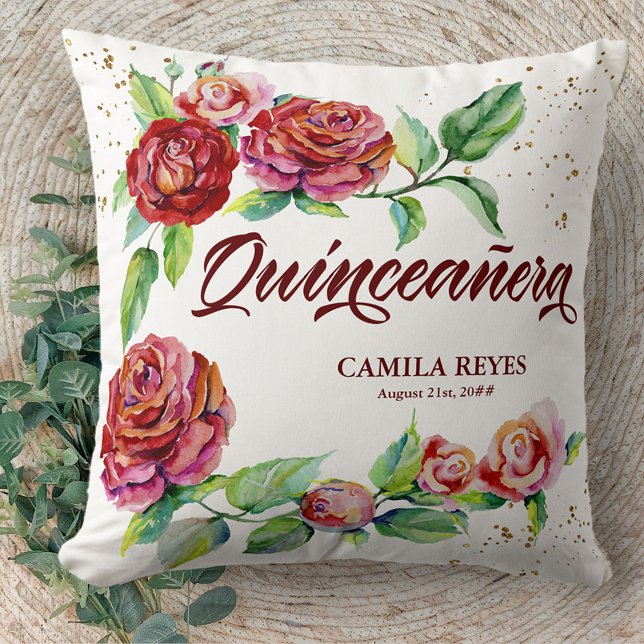 Coussin Quinceanera Vintage Roses Rouges Personnalisées (Créateur téléchargé)