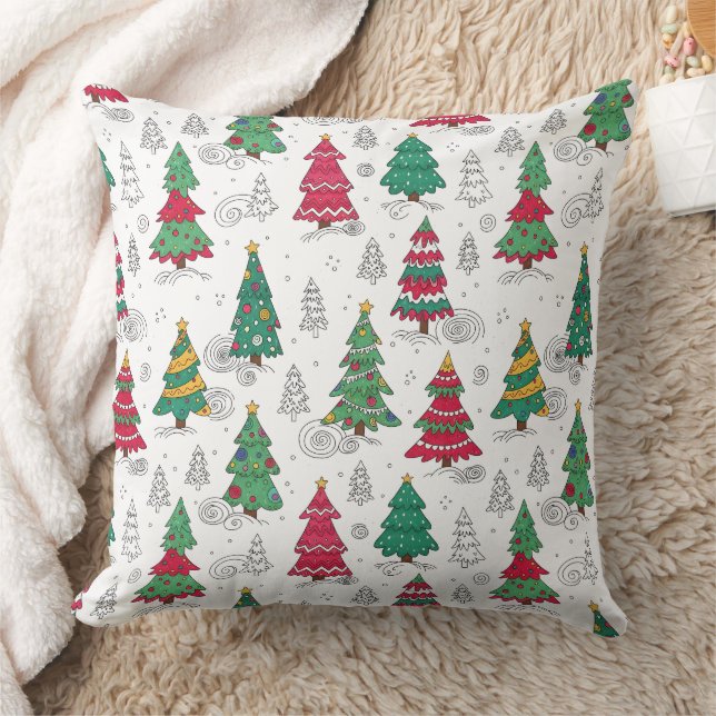 Coussin Quirky Whimsical Decorated Christmas Trees Doodles (Couverture)