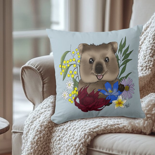 Coussin Quokka Happy Australie Floral Bleu (Créateur téléchargé)