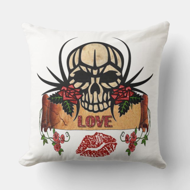Coussin RAB Rockabilly Crâne Roses Amour Rouge à lèvres (Recto)