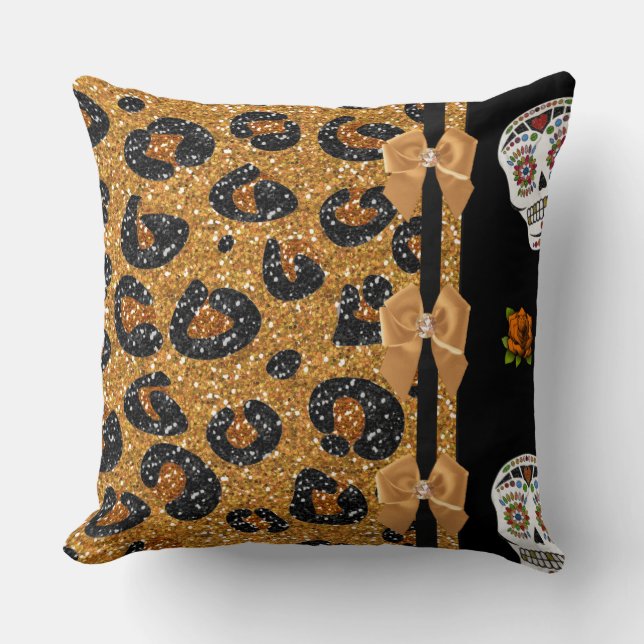 Coussin RAB Rockabilly Or Imprimé Léopard Crânes de Sucre (Recto)