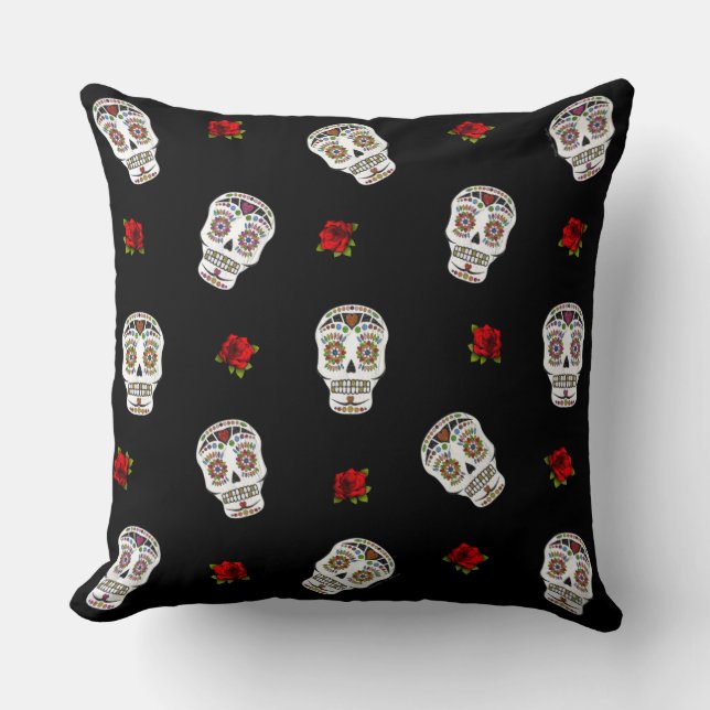 Coussin RAB Rockabilly Sugar Skulls Roses sur fond noir (Recto)