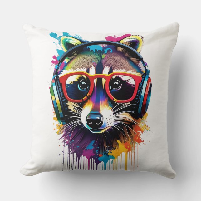 Coussin Raccoon dans casques et lunettes (Recto)