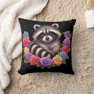Coussin Raccoon entouré de Roses colorés et dynamiques