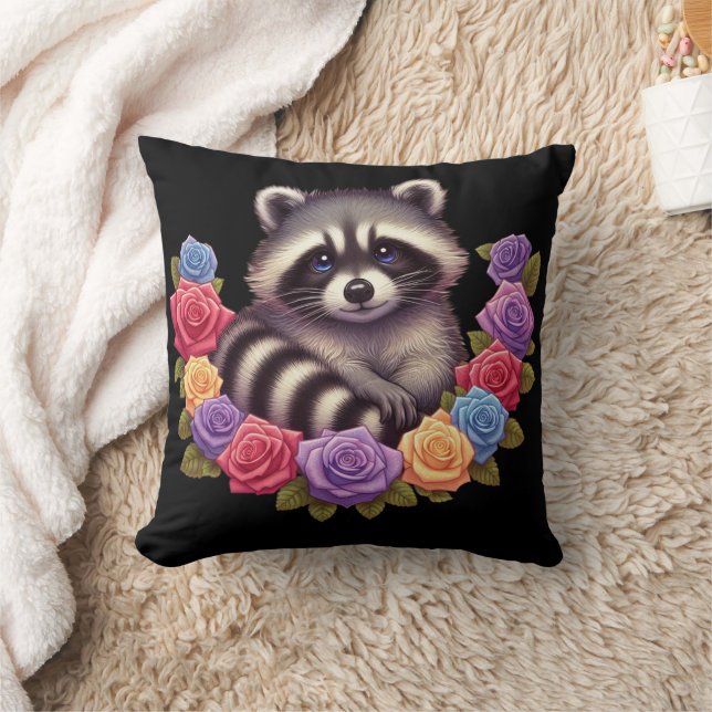 Coussin Raccoon entouré de Roses colorés et dynamiques (Couverture)