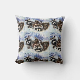 Coussin Raccoons et neige de l'art original