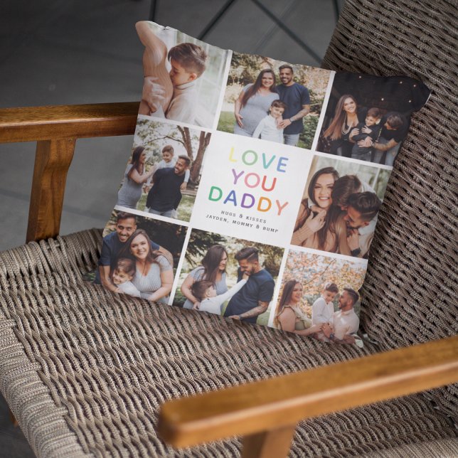 Coussin Rainbow 'LOVE YOU DADDY' Photo Collage Keepsaké (Cute Keepsake LOVE YOU DADDY Photo Collage Pillow)
