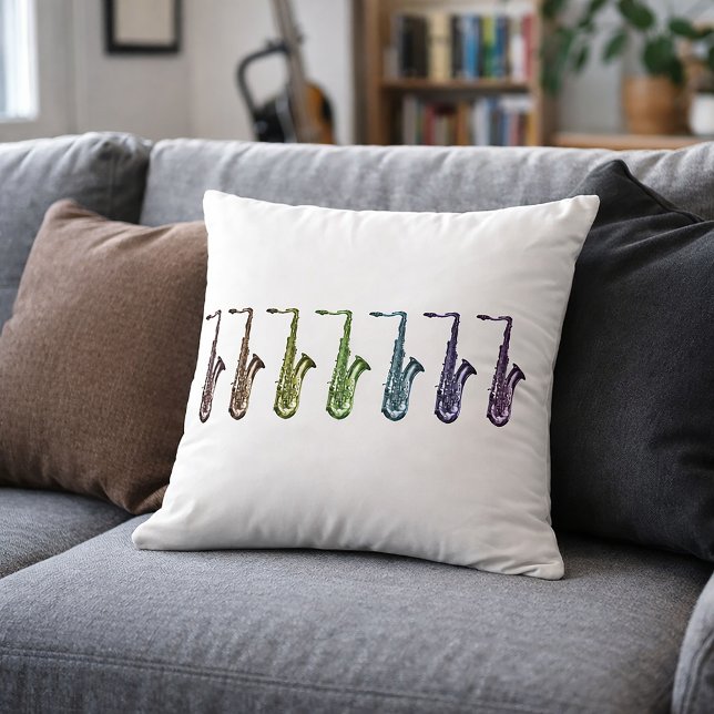 Coussin Rainbow Saxophones Music Art | Colorful Saxophone  (A throw pillow with a lineup of rainbow saxophones.)