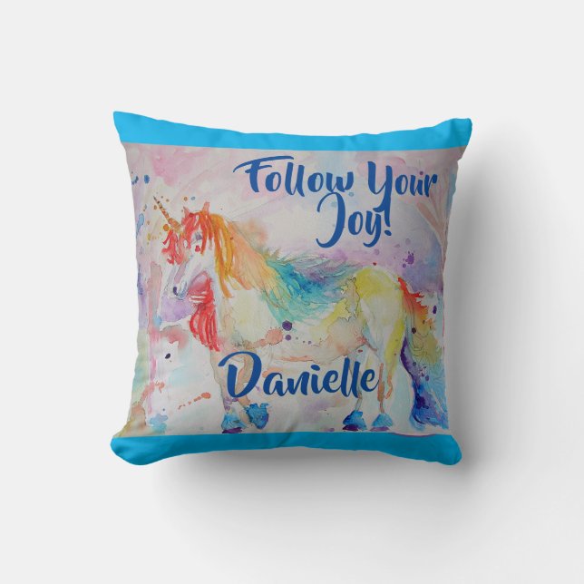 Coussin Rainbow Unicorn Aquarelle Enfants Nom Cushion (Recto)