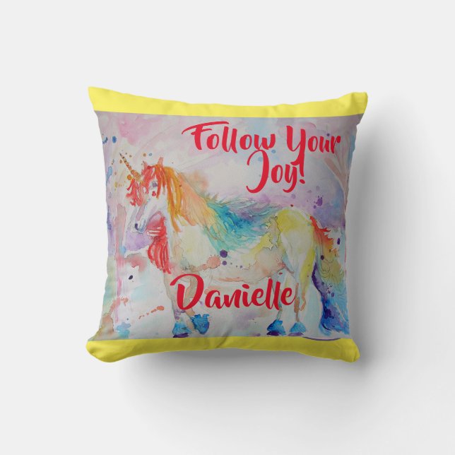 Coussin Rainbow Unicorn Aquarelle Enfants Nom Cushion (Recto)