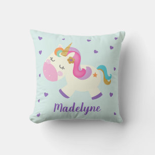 Coussin Rainbow Unicorn Cute Nom personnalisé Aqua
