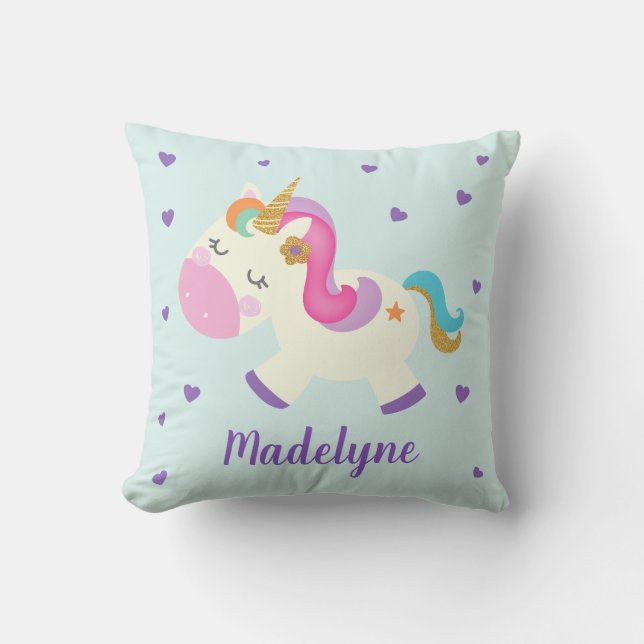 Coussin Rainbow Unicorn Cute Nom personnalisé Aqua (Recto)