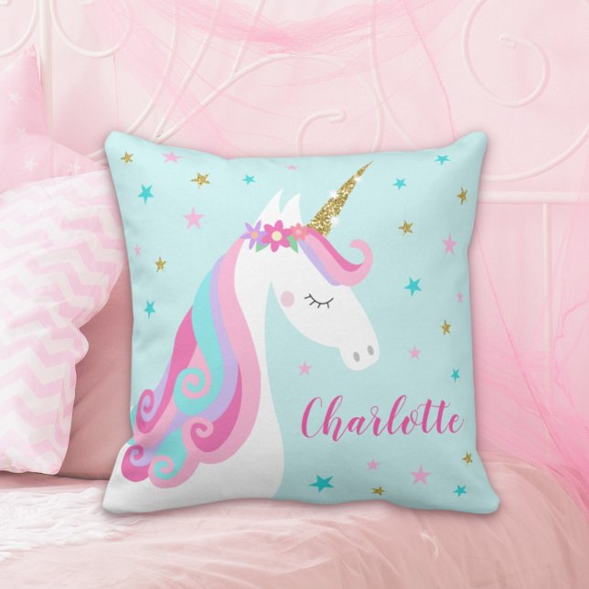 Coussin Rainbow Unicorn Parties scintillant magique Aqua (Créateur téléchargé)