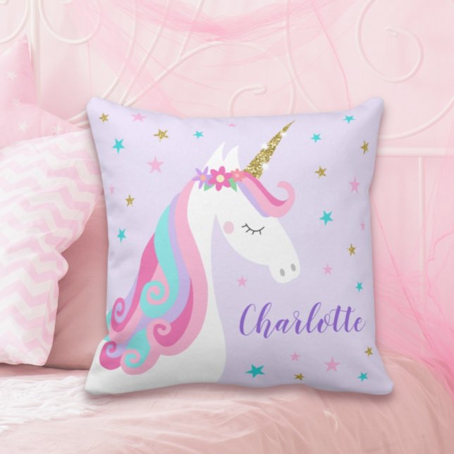 Coussin Rainbow Unicorn Parties scintillant magique violet (Créateur téléchargé)