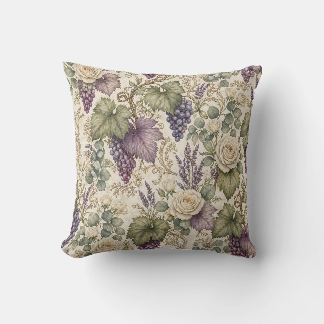 Coussin Raisins Antiques, Lavande & Roses Blanches (Recto)