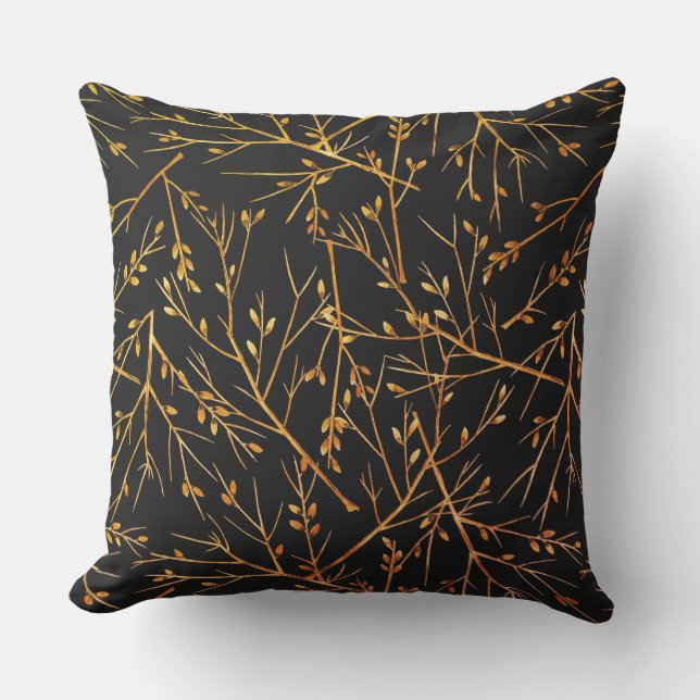 Coussin Rameaux orange brûlé sur fond noir (Recto)
