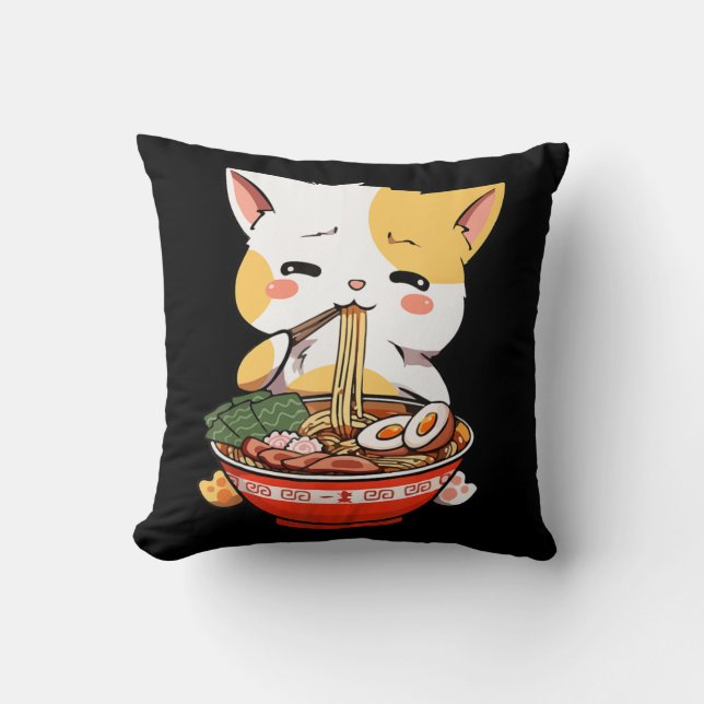 Coussin Ramen Chat Manger des nouilles Kawaii Anime Merch  (Recto)