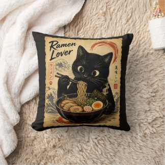 Coussin Ramen noir de chat drôle style d'art japonais