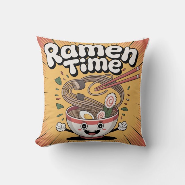 Coussin Ramen Time - Joli bol de dessin animé Ramen Bowl (Recto)