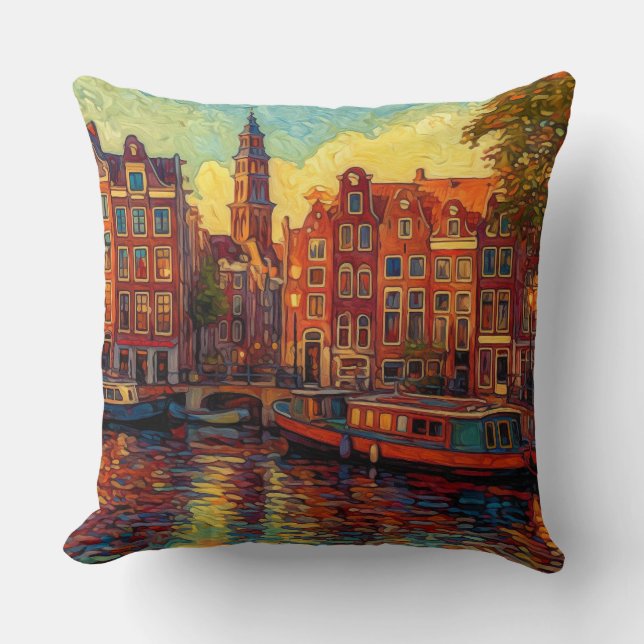Coussin Rangée de canaux d'Amsterdam | Art impressionniste (Recto)