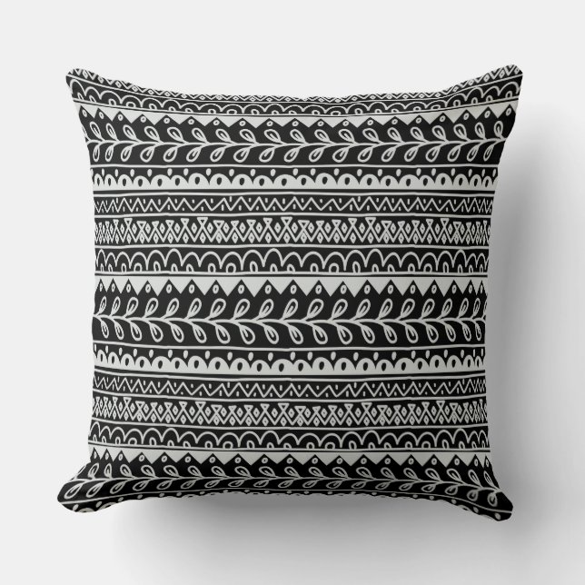 Coussin Rangées de motifs gribouillés noir et blanc (Recto)