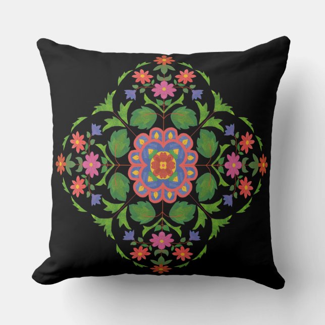 Coussin Rangoli floral de couleur vive Motif sur noir (Recto)