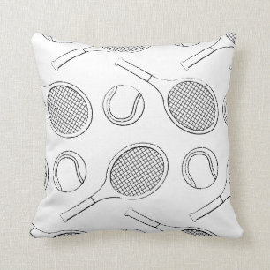 Coussin Raquette de tennis et boule noir en blanc