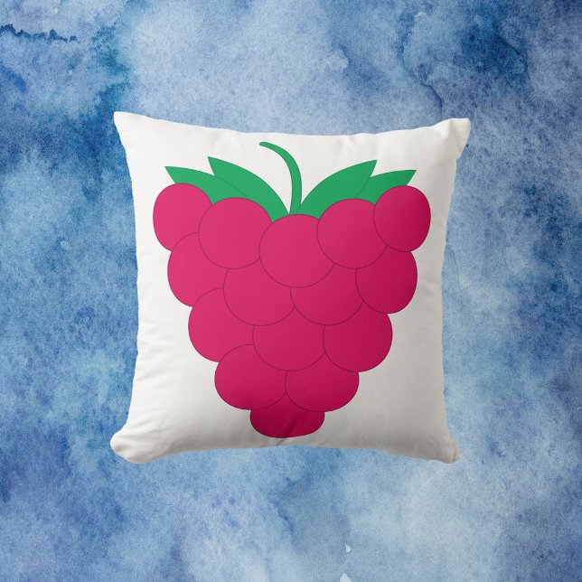 Coussin Raspberry Pink Fruit Berry  (A throw pillow with a graphic of a pink raspberry with a green stem.)