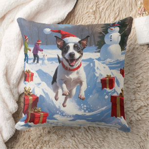 Coussin Rat Terrier Courir en neige avec Casquette de Noël
