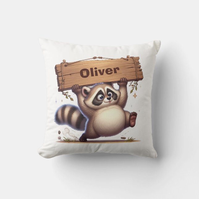 Coussin Raton laveur dodu avec plaque de nom en bois  (Recto)