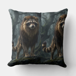 Coussin Raton laveur lion gardien de la forêt mystique